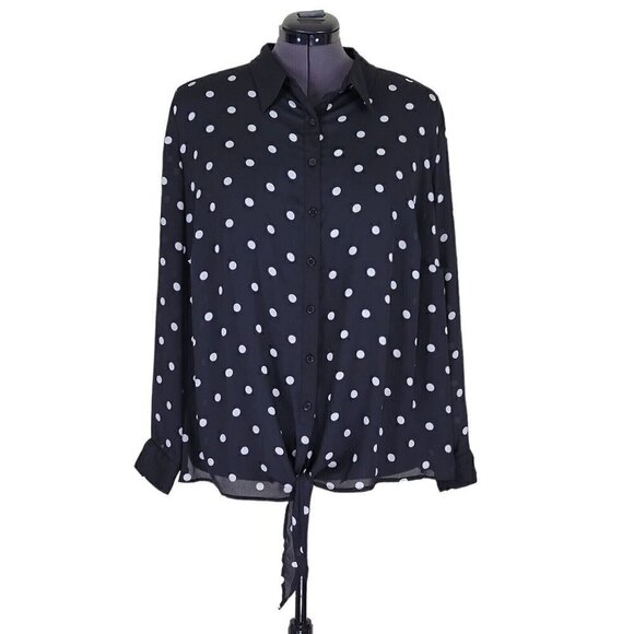 Peter Nygard Blouse Sz 3X Polka Dot Button Front Tie Bottom Roll Tab Black White - Picture 8 of 8